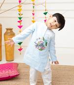 Keebee organic cotton toucan hand embroidered angrakha style blue kurta paired with pajama pants