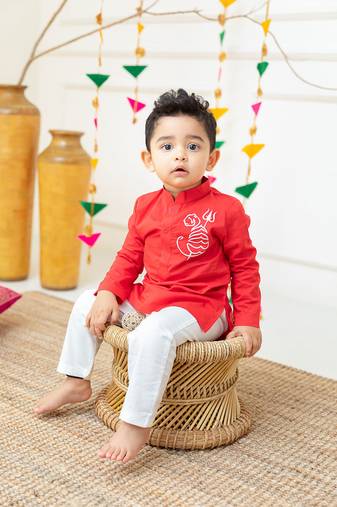 Keebee organic cotton tiger embroidered red kurta paired with pajama pants