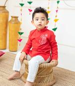 Keebee organic cotton tiger embroidered red kurta paired with pajama pants