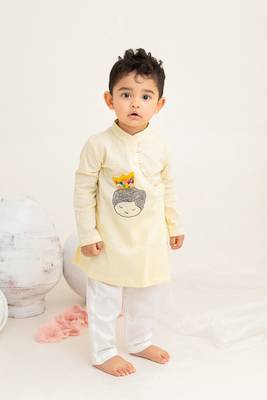 Keebee organic cotton hand embroidered yellow kurta paired with pajama pants - little prince 1