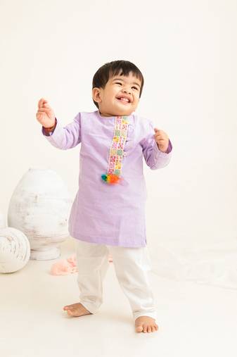 Keebee organic cotton lilac hand embroidered placket kurta paired with pajama pants