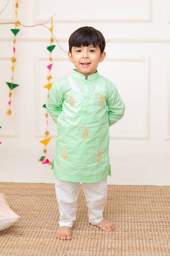 Keebee organic cotton paisley embroidered green kurta paired with pajama pants