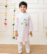 Keebee organic cotton hand embroidered bird patch pastel pink kurta paired with pajama pants