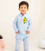 Keebee organic cotton sunflower hand embroidered baby blue kurta paired with baby blue pajama pants