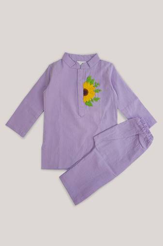 Keebee organic cotton sunflower hand embroidered lilac kurta paired with lilac pajama pants