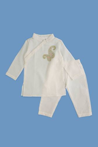 Keebee organic cotton paisley embroidered white kurta paired with pajama pants