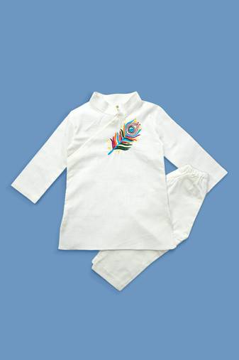 Keebee organic cotton feather embroidered white kurta paired with pajama pants