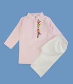 Keebee organic cotton mushroom hand embroidered pastel pink kurta paired with pajama pants