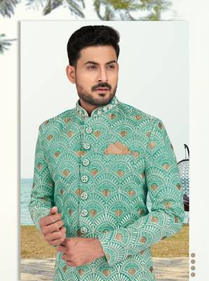 Full computer amrodery sherwani set with thread, stone & hand work with fancy botton 3