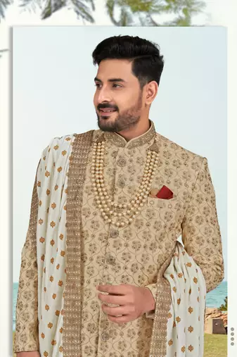 Full computer amrodery sherwani set with thread, stone & hand work with fancy botton