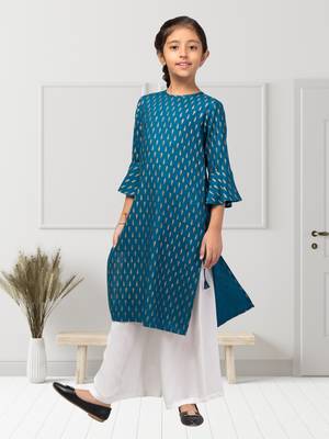 Two Pieces Set- Printed Kurti With White Pallazo 1