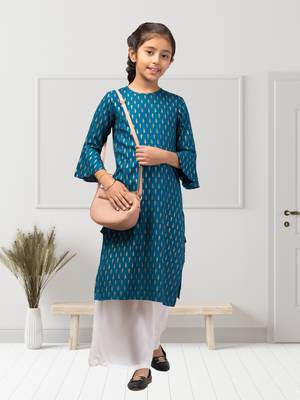 Two Pieces Set- Printed Kurti With White Pallazo 2