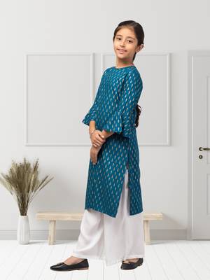 Two Pieces Set- Printed Kurti With White Pallazo 5