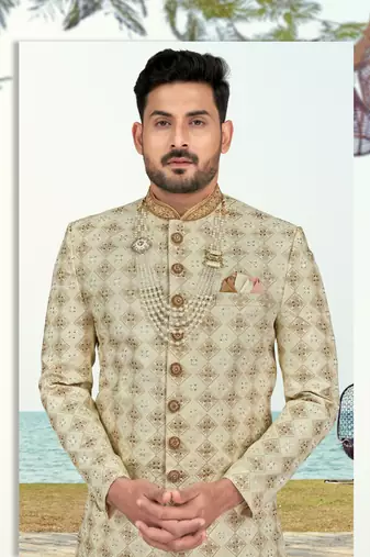 Full computer amrodery sherwani set with thread, stone & hand work with fancy botton