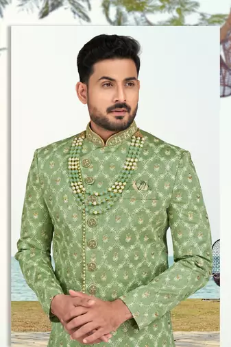 Full computer amrodery sherwani set with thread and stone work with fancy botton