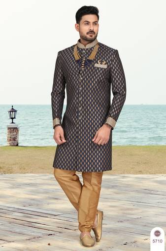 Havy banarasi jackard with stone and thred zari work with fancy botton sherwani set