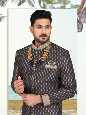 Havy banarasi jackard with stone and thread zari work with fancy botton sherwani set 3