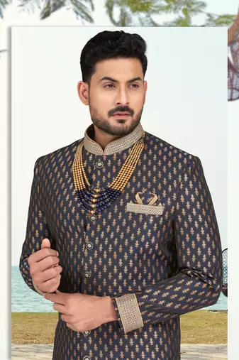 Havy banarasi jackard with stone and thread zari work with fancy botton sherwani set