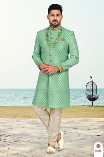 Havy banarasi jackard with stone and thred zari work with fancy botton sherwani set