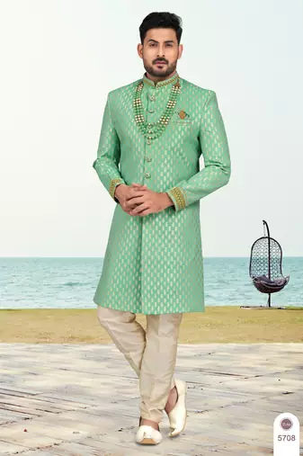 Havy banarasi jackard with stone and thread zari work with fancy botton sherwani set