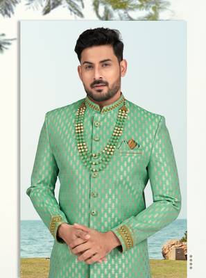 Havy banarasi jackard with stone and thread zari work with fancy botton sherwani set 3