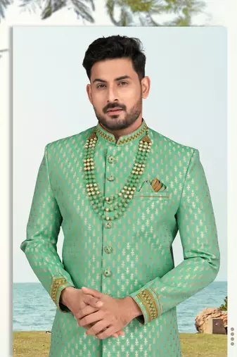 Havy banarasi jackard with stone and thread zari work with fancy botton sherwani set
