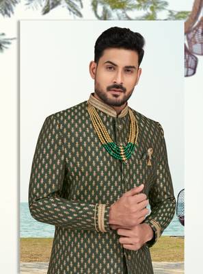 Havy banarasi jackard with stone and thread zari work with fancy botton sherwani set 3
