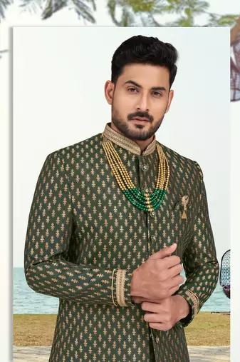 Havy banarasi jackard with stone and thread zari work with fancy botton sherwani set