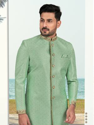 Full computer amrodery sherwani set with thread and stone work with fancy botton 3