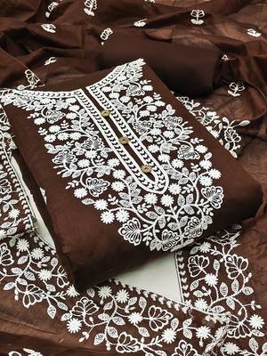 Brown Chanderi Cotton White Embroidered Lucknowi Chikankari Style Salwar Suit Dress Material Dupatta 1