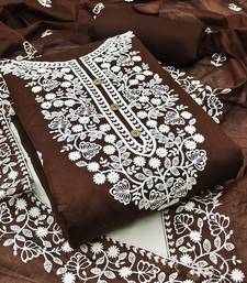 Brown Chanderi Cotton White Embroidered Lucknowi Chikankari Style Salwar Suit Dress Material Dupatta