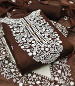 Brown Chanderi Cotton White Embroidered Lucknowi Chikankari Style Salwar Suit Dress Material Dupatta