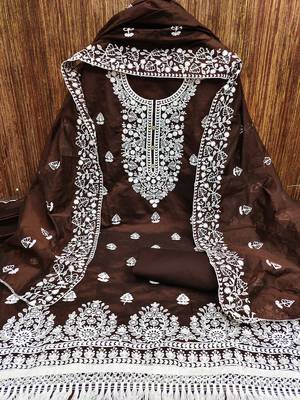 Brown Chanderi Cotton White Embroidered Lucknowi Chikankari Style Salwar Suit Dress Material Dupatta 2