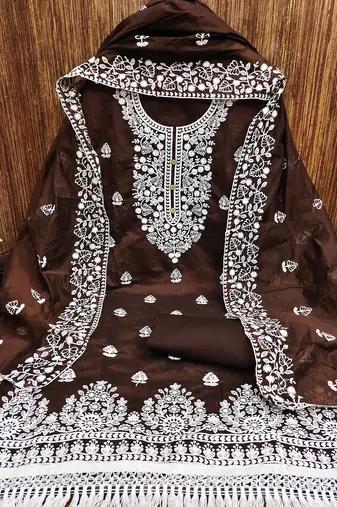 Brown Chanderi Cotton White Embroidered Lucknowi Chikankari Style Salwar Suit Dress Material Dupatta