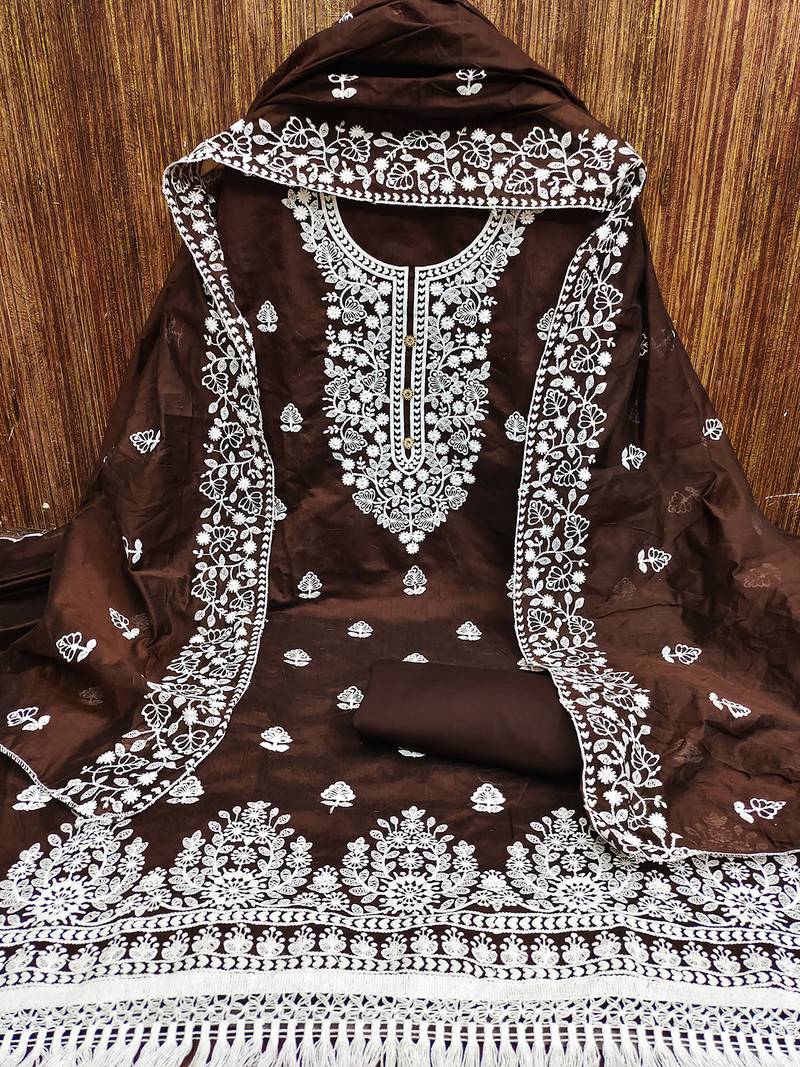 Brown Chanderi Cotton White Embroidered Lucknowi Chikankari Style Salwar Suit Dress Material Dupatta