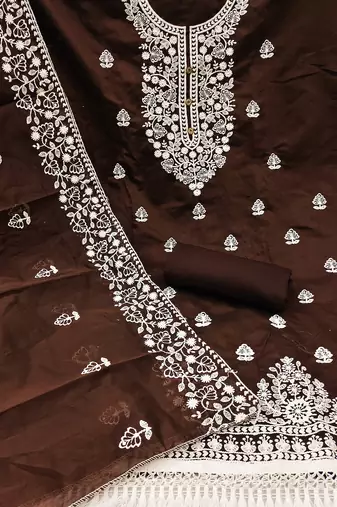 Brown Chanderi Cotton White Embroidered Lucknowi Chikankari Style Salwar Suit Dress Material Dupatta
