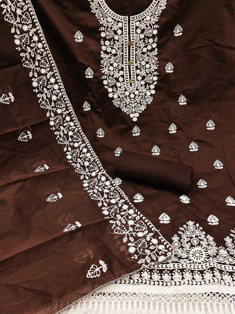 Brown Chanderi Cotton White Embroidered Lucknowi Chikankari Style Salwar Suit Dress Material Dupatta