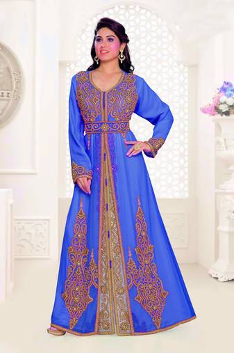 Royal Blue & Inner White color luxurious Full Sleeves Handmade Moroccan Kaftan.