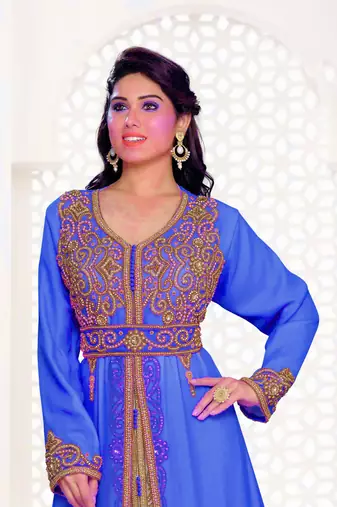 Royal Blue & Inner White color Full Sleeves Handmade Moroccan Kaftan