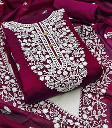 Burgandy Chanderi Cotton White Embroidered Lucknowi Chikankari Style Salwar Suit Dress Material Dupatta