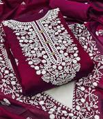 Burgandy Chanderi Cotton White Embroidered Lucknowi Chikankari Style Salwar Suit Dress Material Dupatta