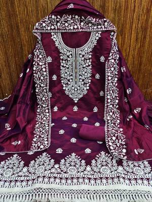 Burgandy Chanderi Cotton White Embroidered Lucknowi Chikankari Style Salwar Suit Dress Material Dupatta 2
