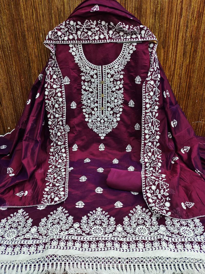 Burgandy Chanderi Cotton White Embroidered Lucknowi Chikankari Style Salwar Suit Dress Material Dupatta