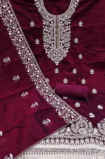 Burgandy Chanderi Cotton White Embroidered Lucknowi Chikankari Style Salwar Suit Dress Material Dupatta