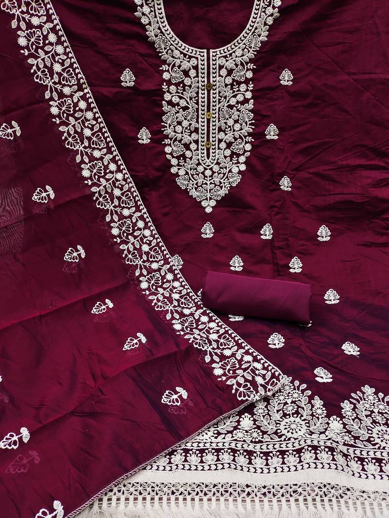 Burgandy Chanderi Cotton White Embroidered Lucknowi Chikankari Style Salwar Suit Dress Material Dupatta