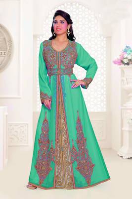 Sea Green & Inner White color Full Sleeves Handmade Moroccan Kaftan 1