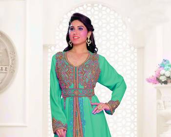 Sea Green & Inner White color Full Sleeves Handmade Moroccan Kaftan 2