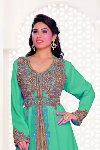 Sea Green & Inner White color Full Sleeves Handmade Moroccan Kaftan