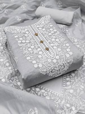 Grey Chanderi Cotton White Embroidered Lucknowi Chikankari Style Salwar Suit Dress Material Dupatta 1