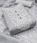 Grey Chanderi Cotton White Embroidered Lucknowi Chikankari Style Salwar Suit Dress Material Dupatta